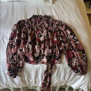 Bardot Floral Smocked Blouse - Pink and Black